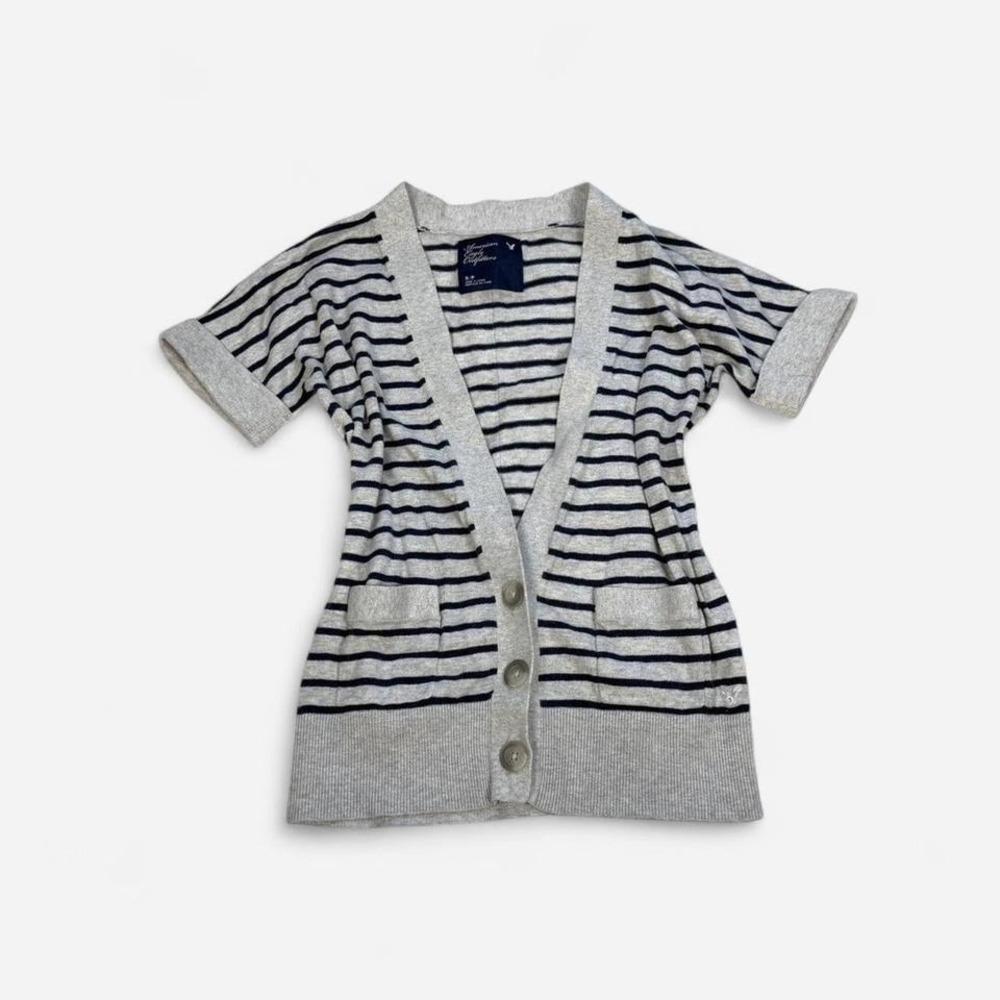 Vintage y2k navy blue & grey striped short sleeve button up cardigan top